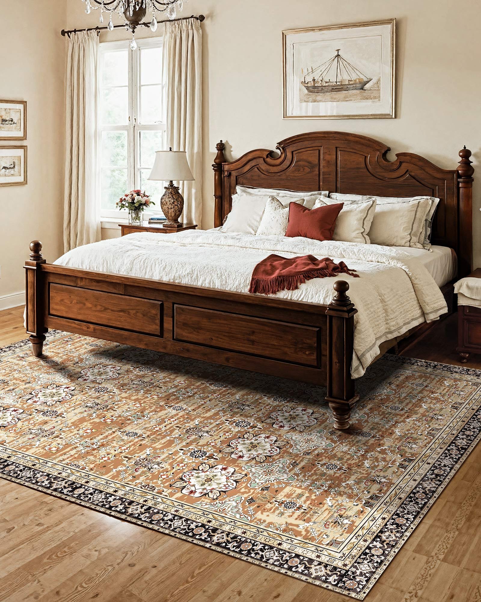 Area Rug, 7.5 X 9.5 Ft Large Washable Rug, Non-Slip And Tear-Resistant Soft Carpet, Pet Friendly Vintage Area Rugs, Indoor Mat For Bedroom, Living Room, Office, Entryway, Brown Green