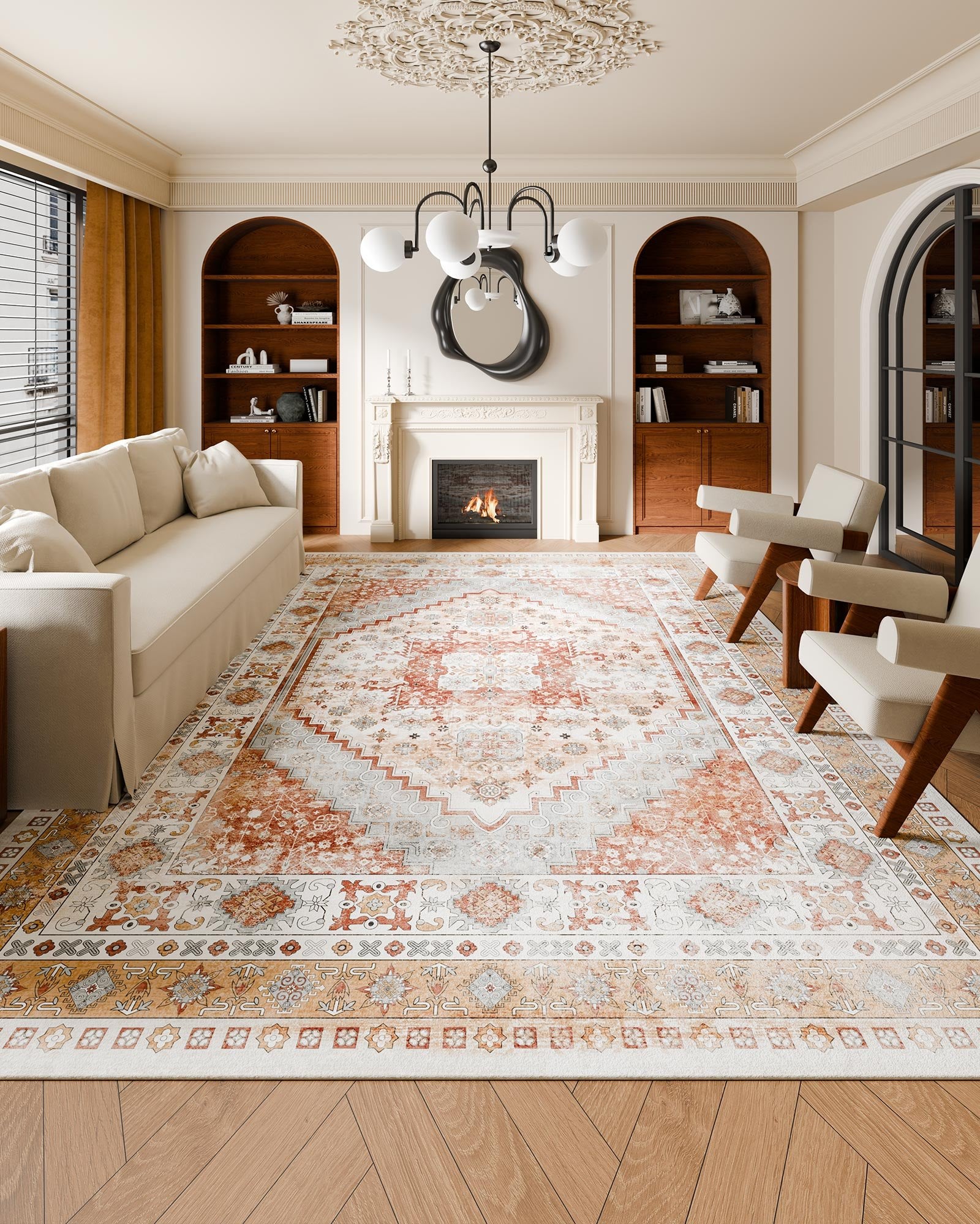 Area Rug, 9 X 12 Ft Large Washable Rug, Non-Slip And Tear-Resistant Soft Carpet, Pet & Child Friendly Vintage Area Rugs, Indoor Mat For Bedroom, Living Room, Kids Room, Office, Brown Red