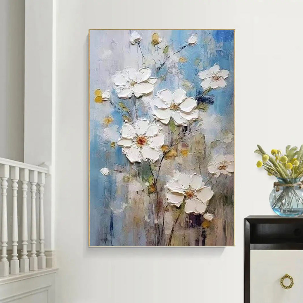 Handmade Oil Painting Canvas Wall Art Decoration 3D Texture Thick Oil White Flowers Modern Abstract For Home Room Decor