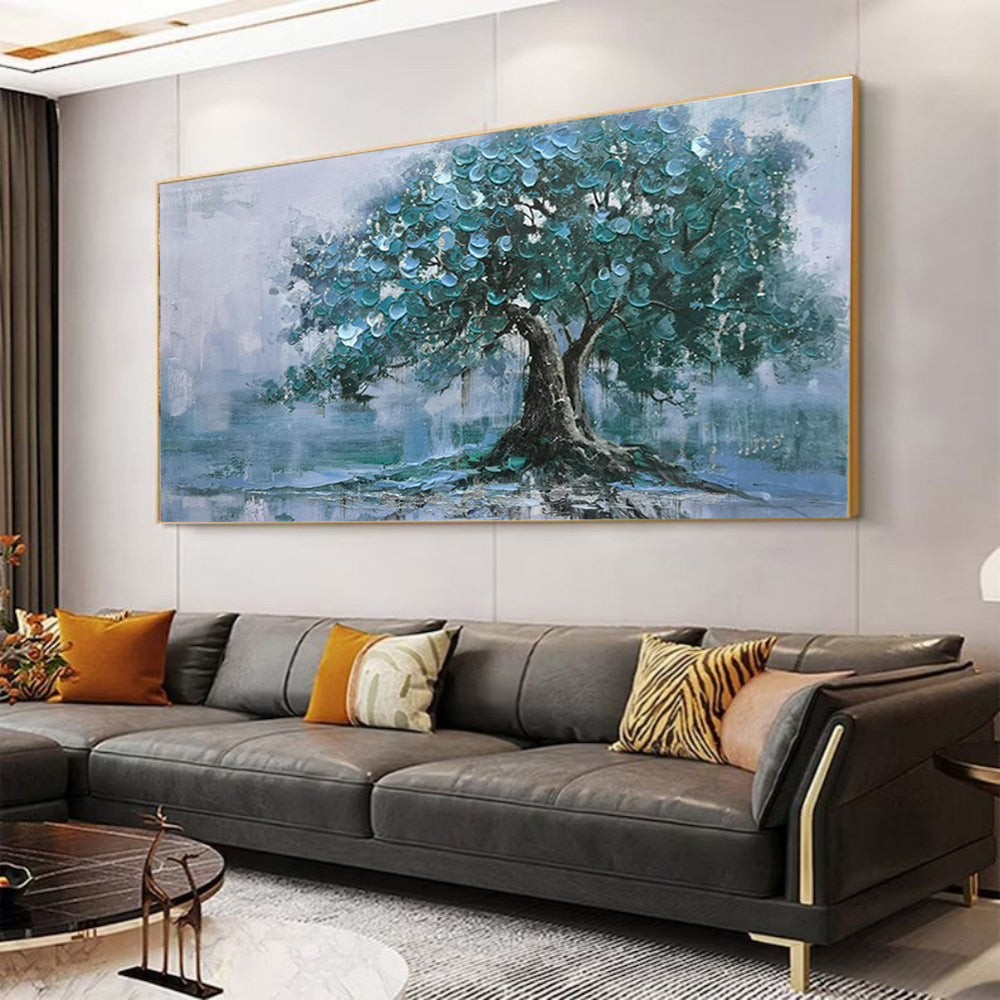 Large Handpainted Palette Knife Green Big Tree Oil Painting On Canvas Modern Abstract Landscape Art Poster Wall Pictures Home Decor