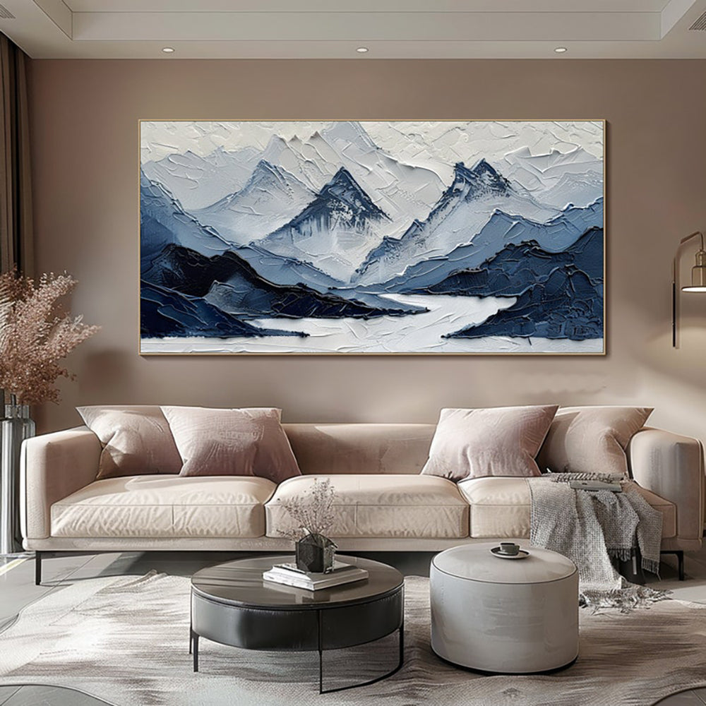 Navy Blue And White Modern Mountain Landscape Oil Painting Hand Painted Blue-Gray Views Wall Art Decor For Living Room