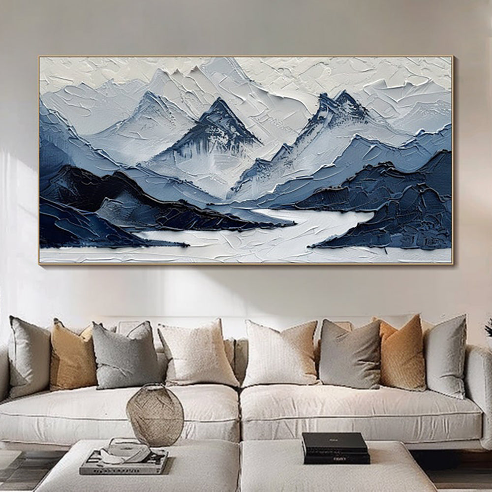 Navy Blue And White Modern Mountain Landscape Oil Painting Hand Painted Blue-Gray Views Wall Art Decor For Living Room