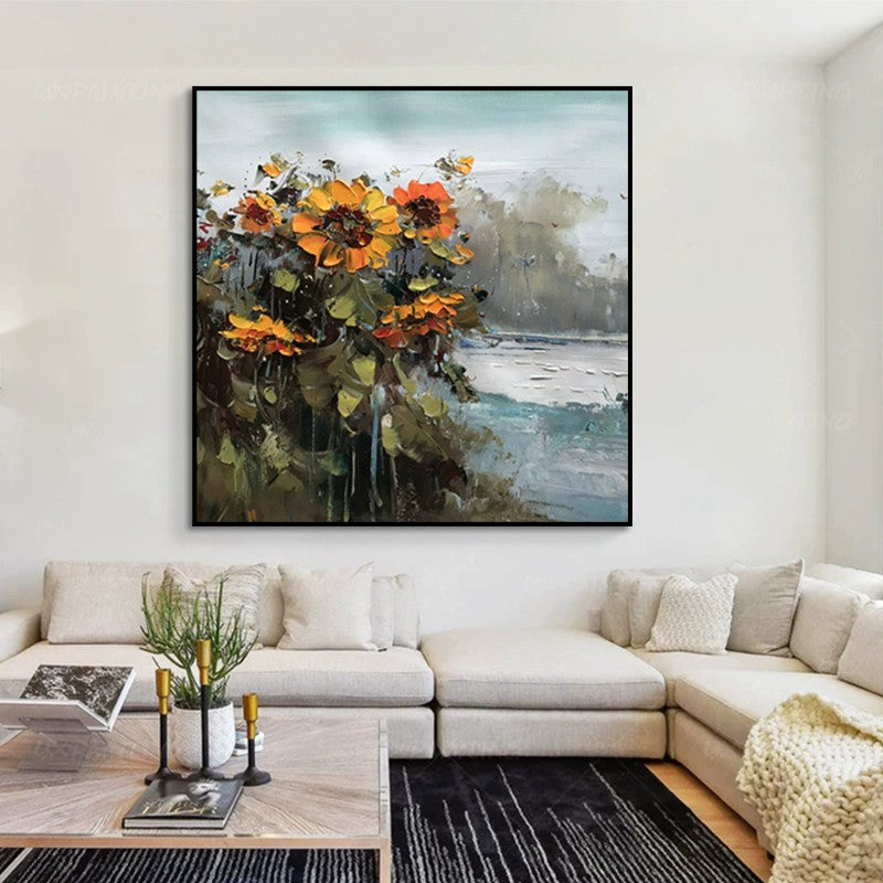 Abstract Countryside Oil Painting Hand Painted Rural Landscape With Sunflower Flowers Canvas Wall Art For Home Dining Room Decor