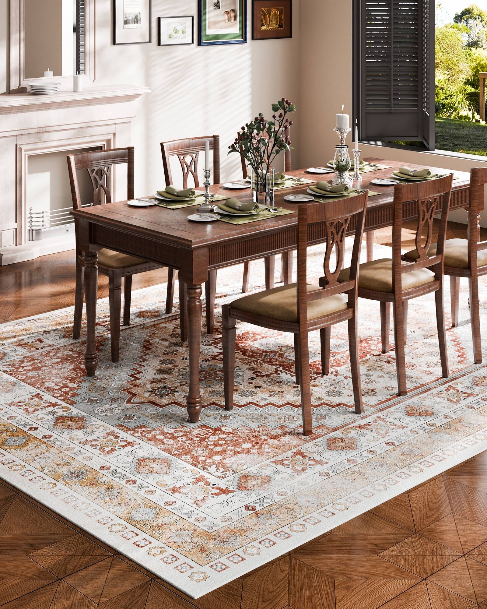 Area Rug, 9 X 12 Ft Large Washable Rug, Non-Slip And Tear-Resistant Soft Carpet, Pet & Child Friendly Vintage Area Rugs, Indoor Mat For Bedroom, Living Room, Kids Room, Office, Brown Red