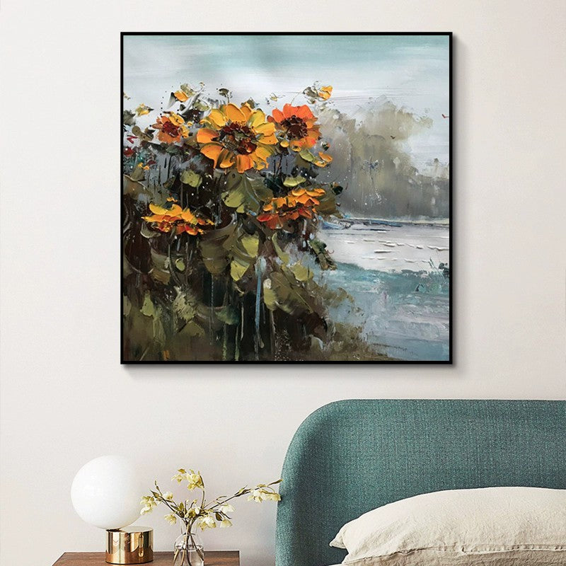 Abstract Countryside Oil Painting Hand Painted Rural Landscape With Sunflower Flowers Canvas Wall Art For Home Dining Room Decor