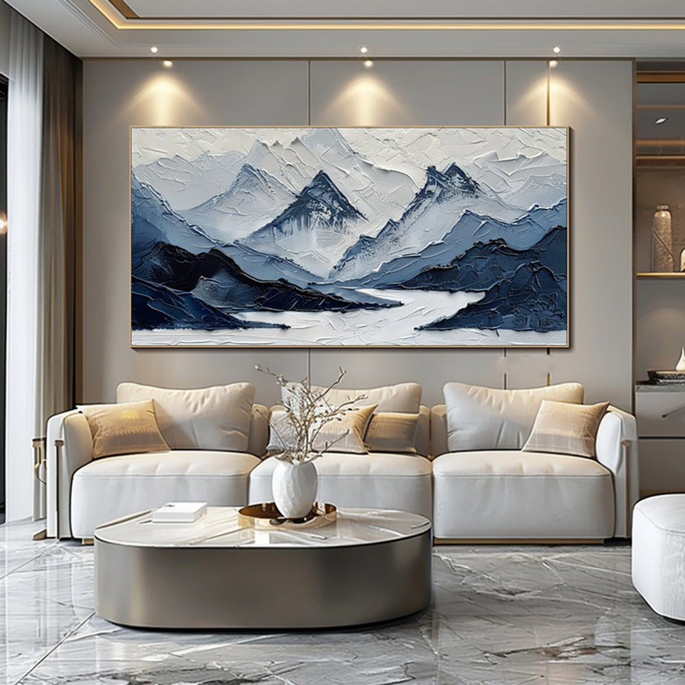 Navy Blue And White Modern Mountain Landscape Oil Painting Hand Painted Blue-Gray Views Wall Art Decor For Living Room