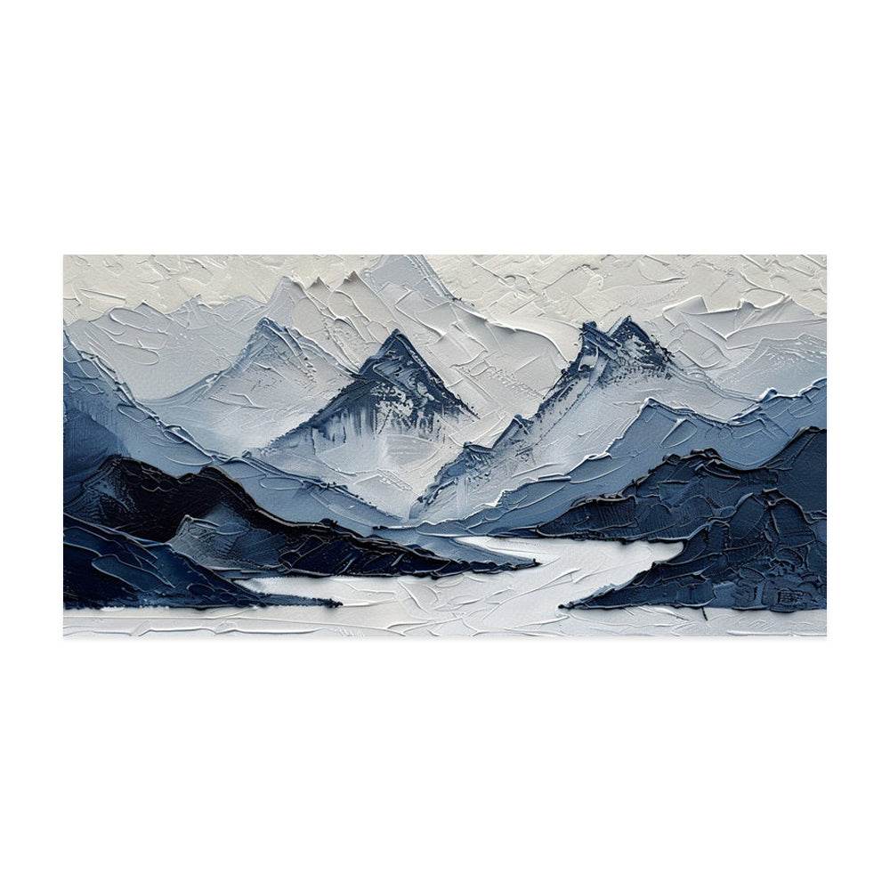 Navy Blue And White Modern Mountain Landscape Oil Painting Hand Painted Blue-Gray Views Wall Art Decor For Living Room