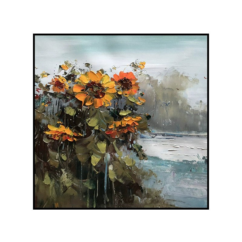 Abstract Countryside Oil Painting Hand Painted Rural Landscape With Sunflower Flowers Canvas Wall Art For Home Dining Room Decor