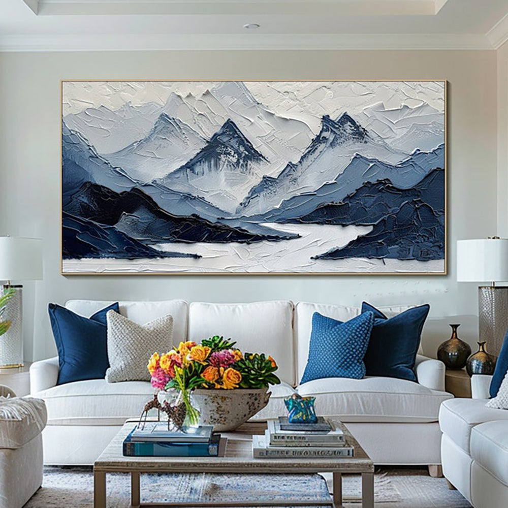 Navy Blue And White Modern Mountain Landscape Oil Painting Hand Painted Blue-Gray Views Wall Art Decor For Living Room