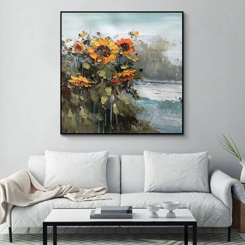 Abstract Countryside Oil Painting Hand Painted Rural Landscape With Sunflower Flowers Canvas Wall Art For Home Dining Room Decor