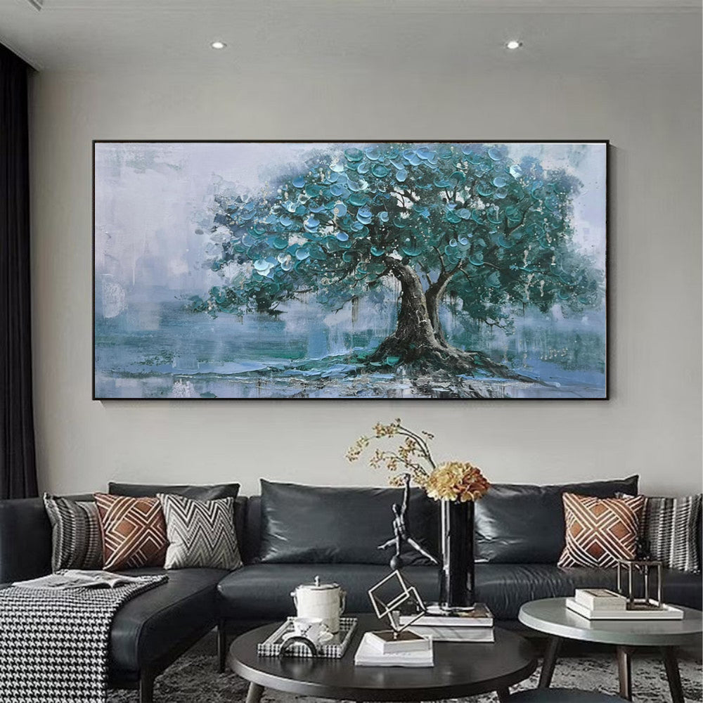 Large Handpainted Palette Knife Green Big Tree Oil Painting On Canvas Modern Abstract Landscape Art Poster Wall Pictures Home Decor